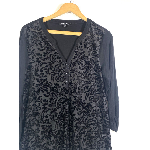 Cable & Gauge Velvet Burnout Top Henley Medium Black Whimsigoth Dk Romantic Y2K - Picture 3 of 10